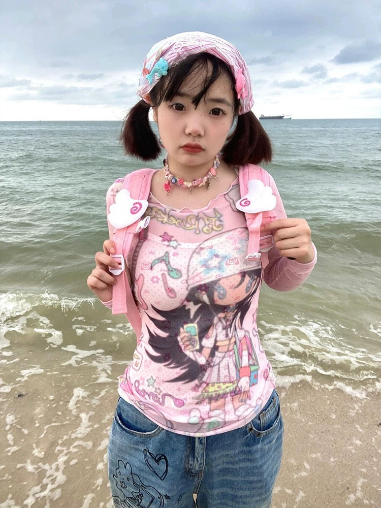Harajuku-inspired see-through long sleeve pink top