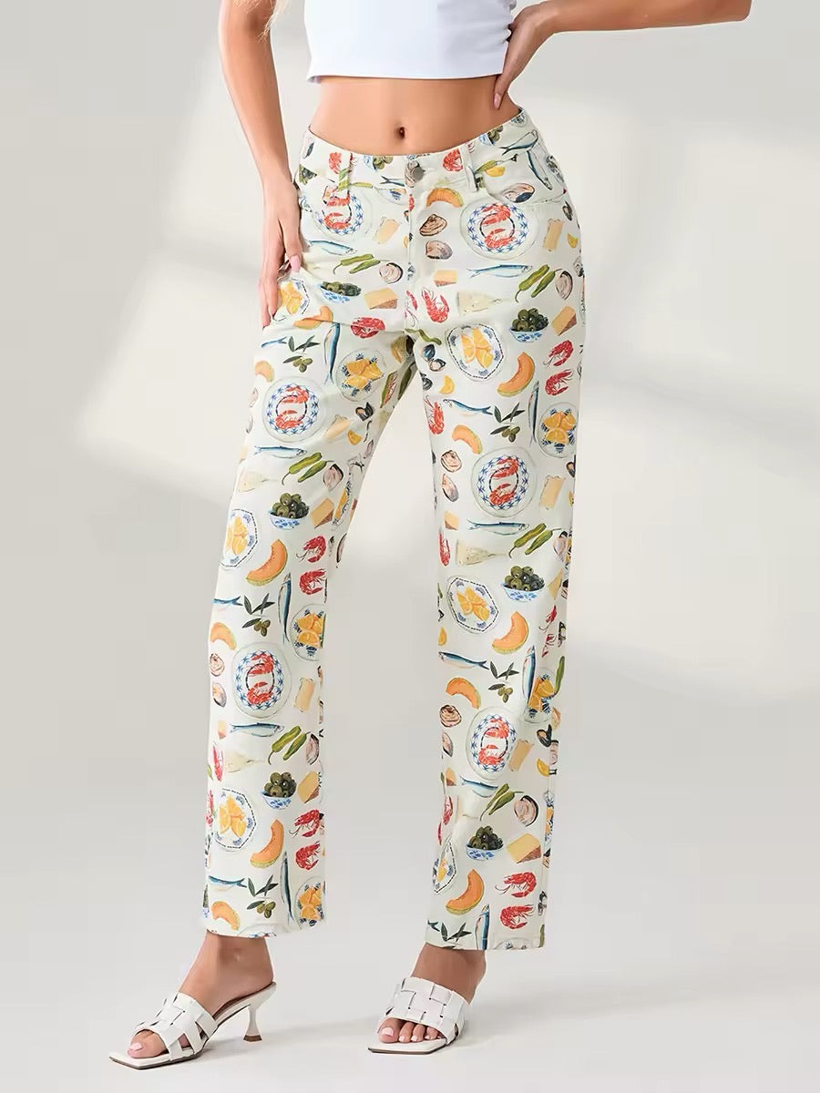 Loose fit Y2K aesthetic pants with tomato, cherry, and bow designs
