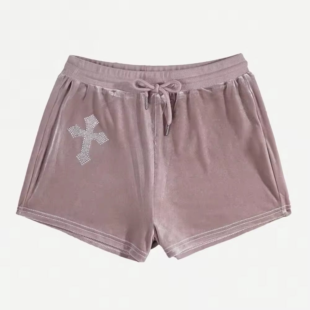 Alternative e-girl velvet shorts with rhinestones and drawstring waist