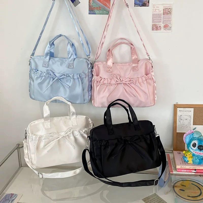 Soft girl aesthetic crossbody tote with cute ribbon bow, perfect for casual and formal occasions