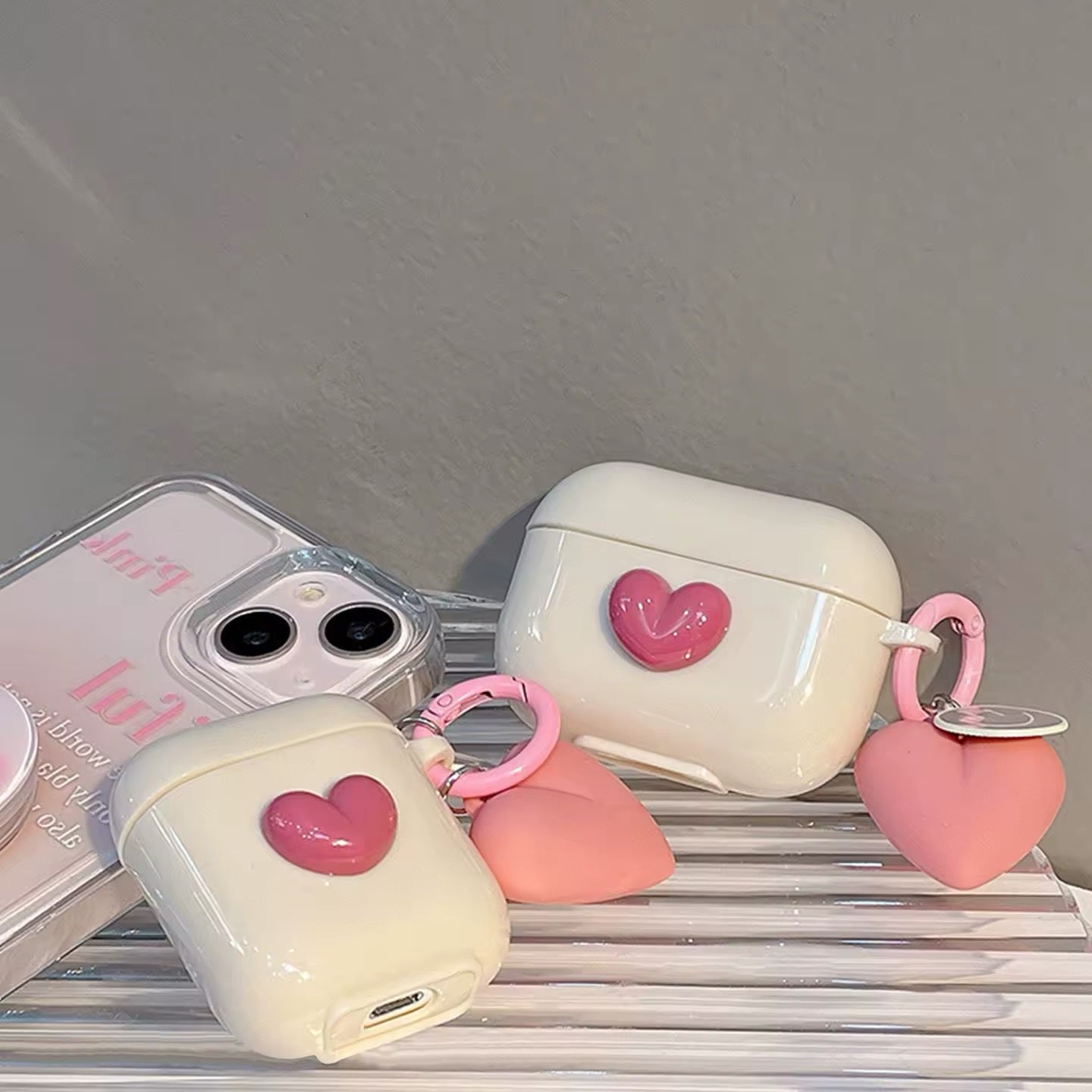 Cute heart pattern AirPods case in soft Korean style
