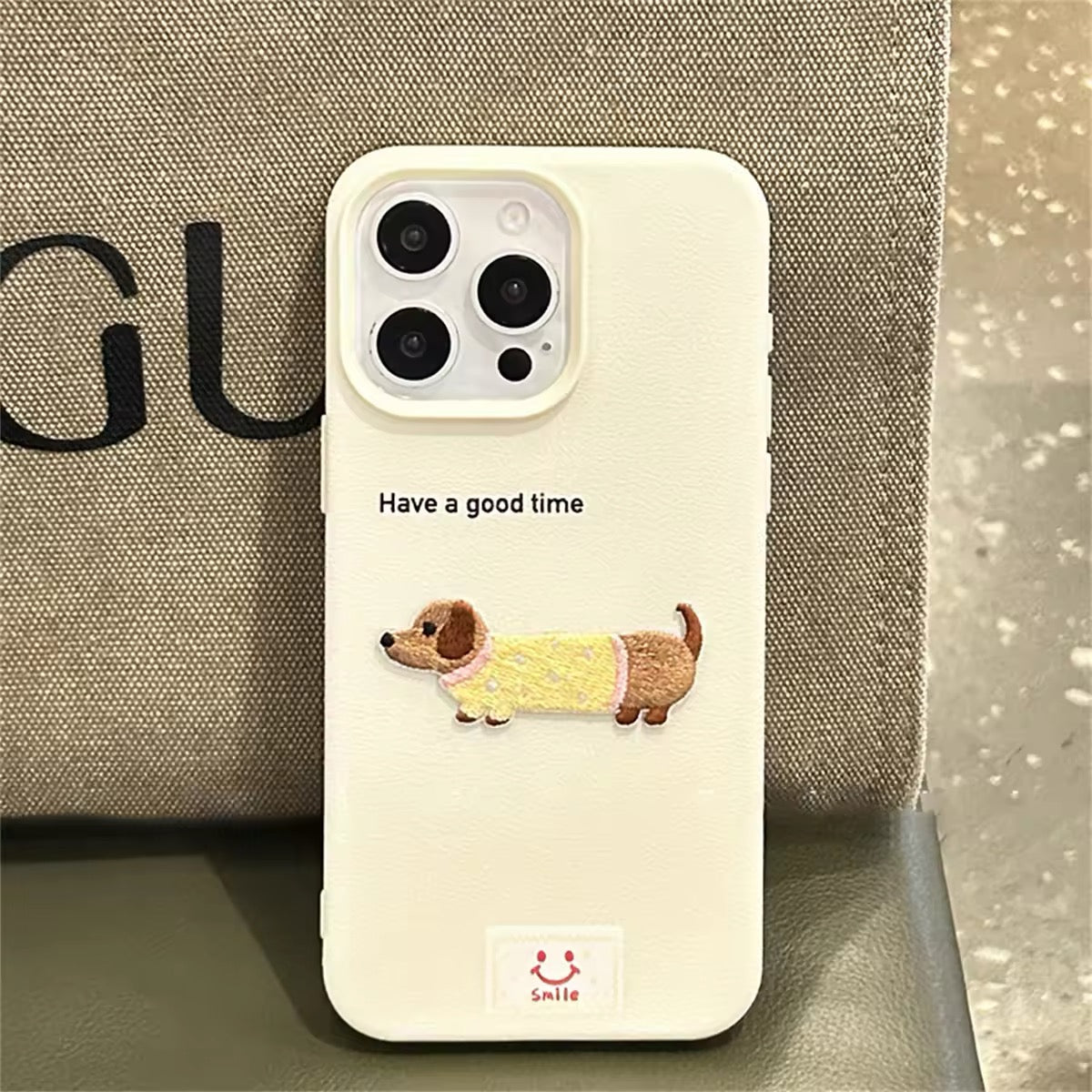 Kawaii dachshund phone case in Korean cute cartoon style for iPhone 15