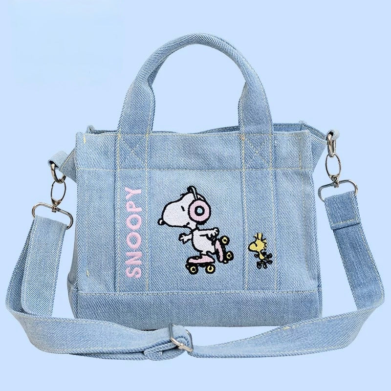Kawaii Snoopy denim shoulder bag with cute cartoon embroidery