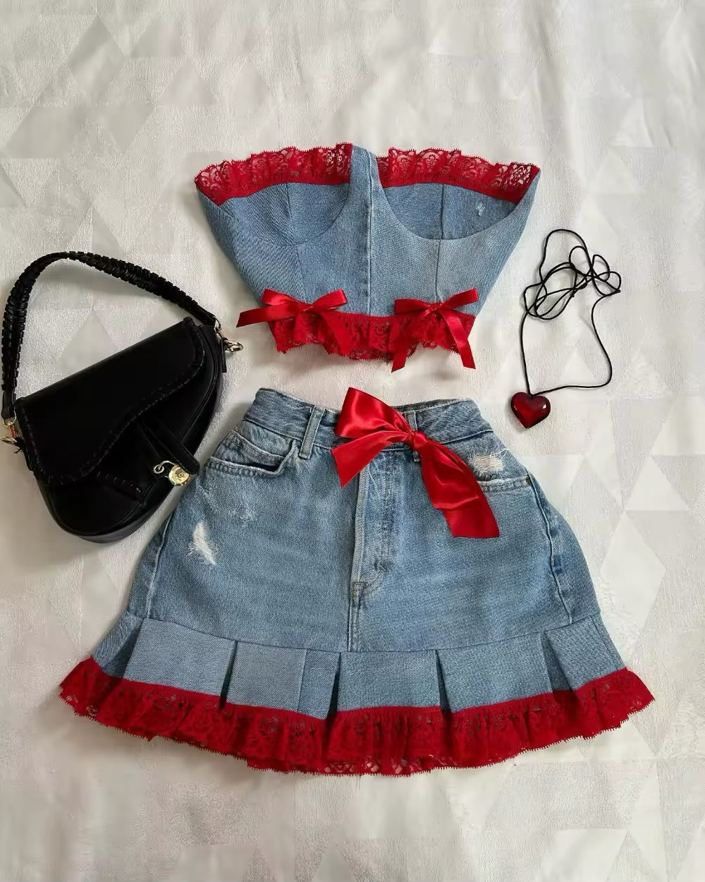 black lace denim skirt and strapless top aesthetic