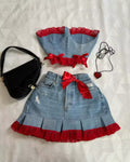 black lace denim skirt and strapless top aesthetic