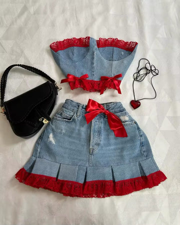 black lace denim skirt and strapless top aesthetic