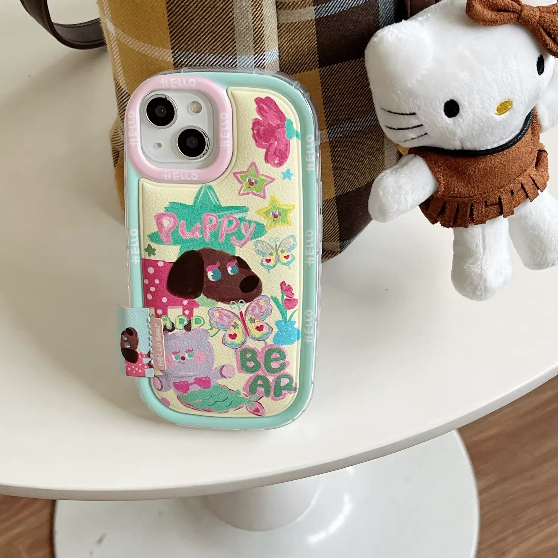 Kidcore iPhone case with cartoon bear and puppy in crayon style