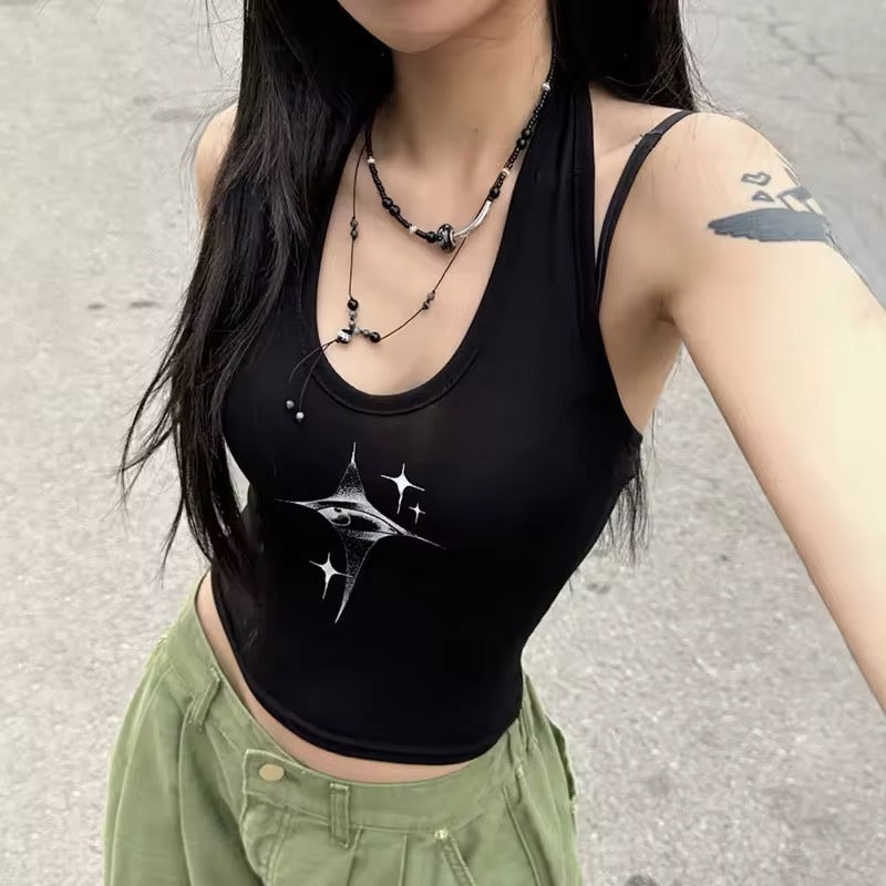 Y2K Devil Eyes Crop Top with bold graphic print