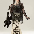 Fishing net-inspired spider knit sweater for men and women, distressed and cropped with Korean street fashion vibes