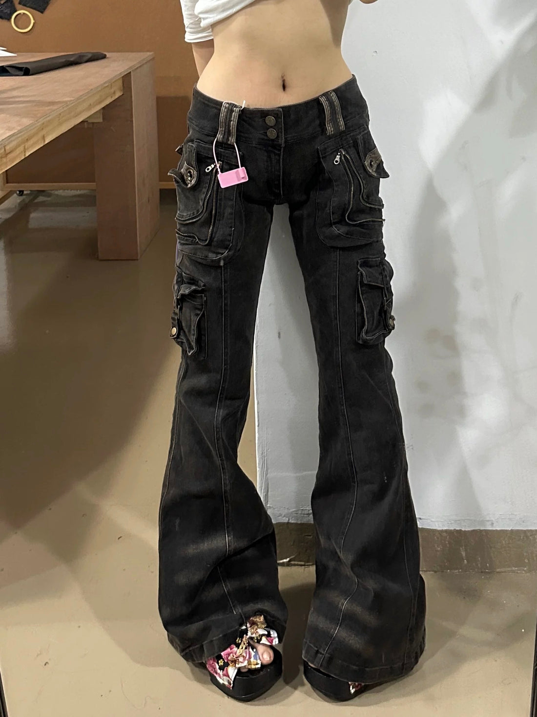 Gyaru streetwear gray cargo jeans for women