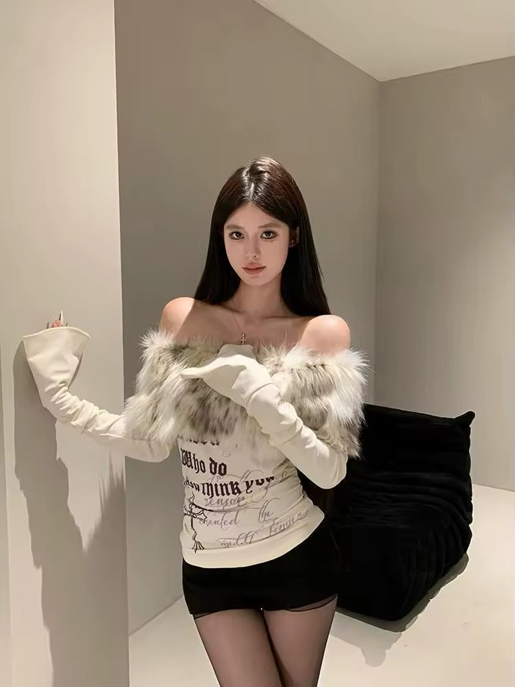 korean streetwear inspired fur collar crop top