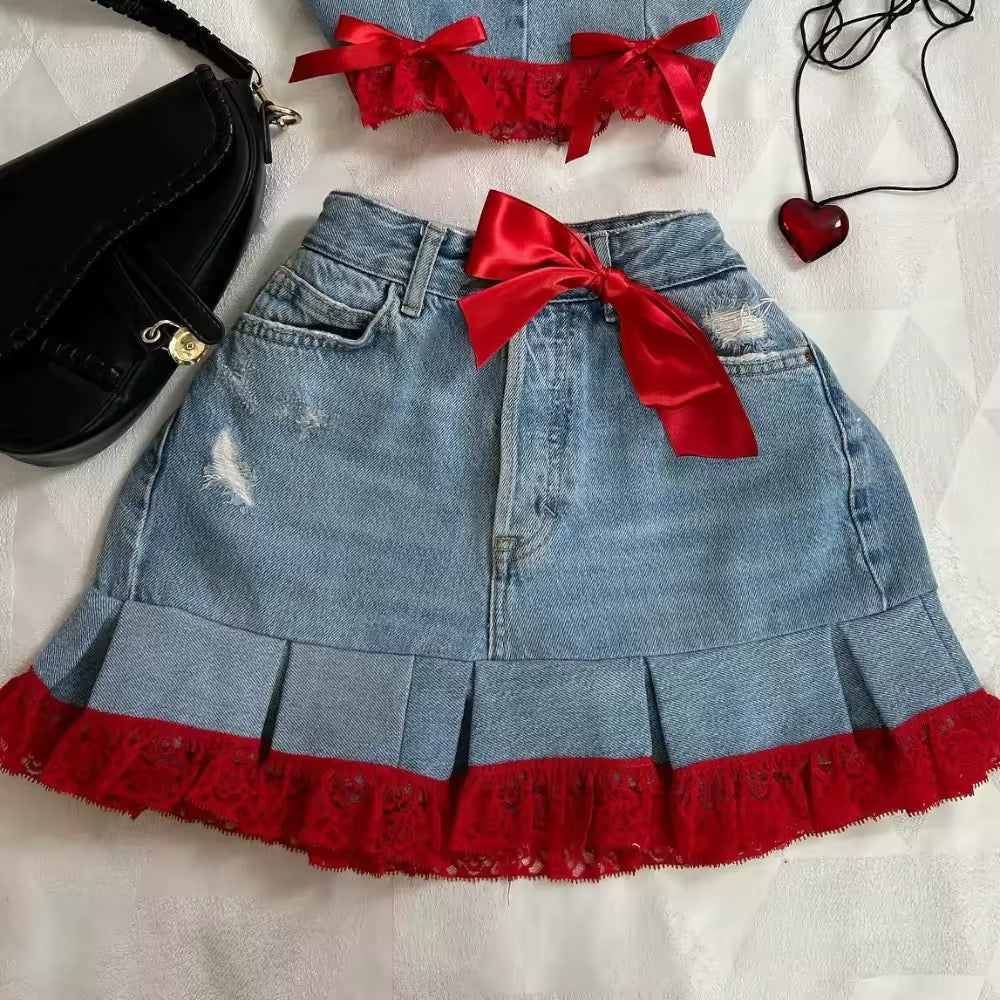 black lace denim skirt and strapless top aesthetic