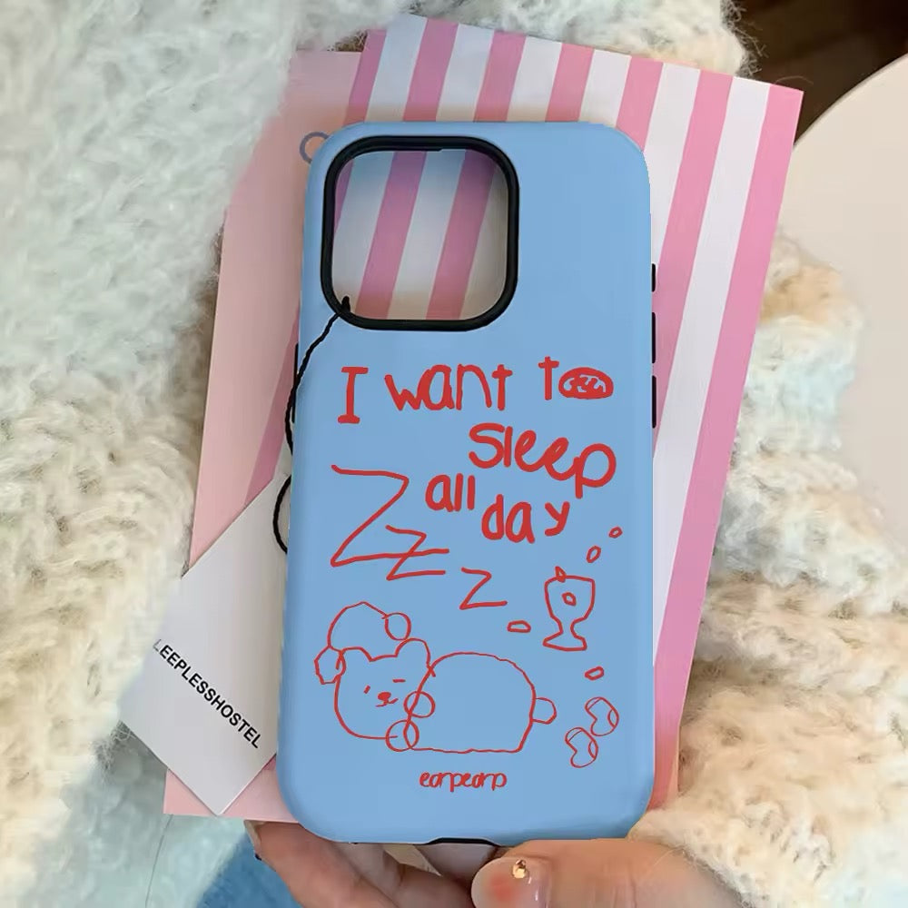 “I Want to Sleep All Day” iPhone case with pastel blue bread design