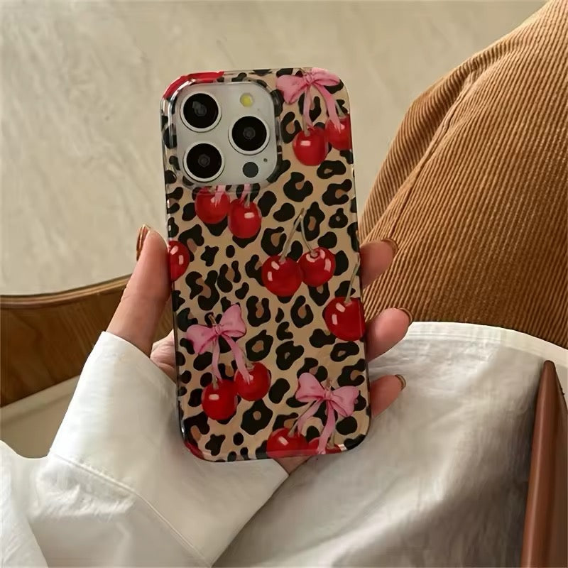 Leopard cherry iPhone case with coquette pink bow design