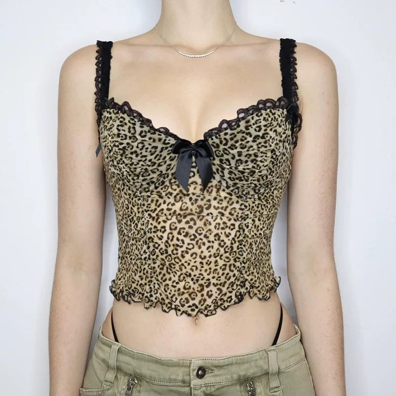Y2K leopard print mesh top with lace and bow detail