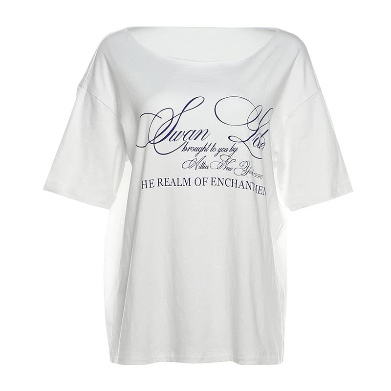 White off-shoulder graphic tee for Y2K streetwear lovers