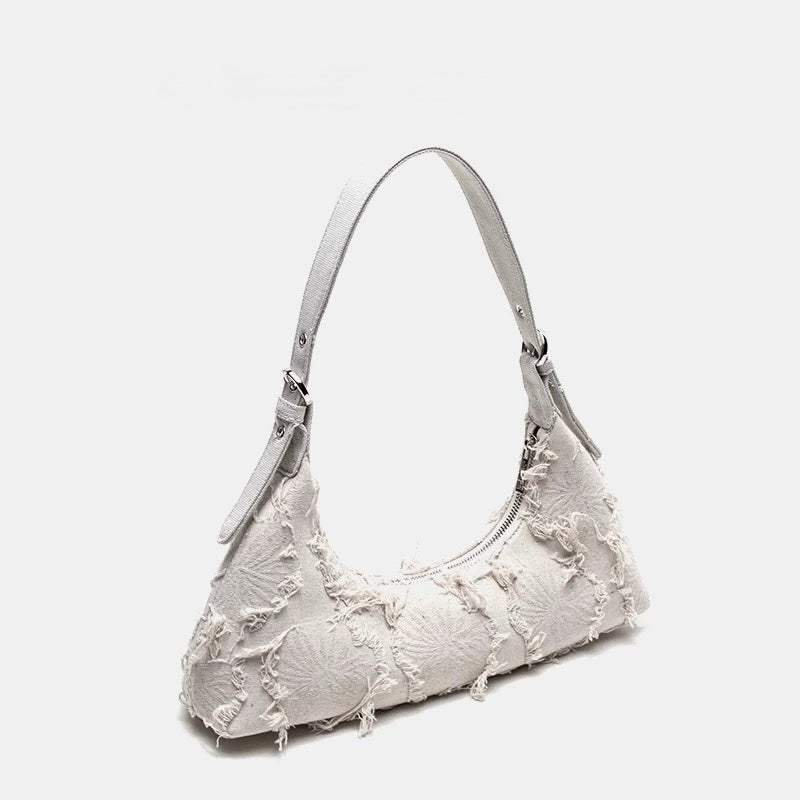 Canvas baguette purse with fringe design, inspired by that girl aesthetic looks