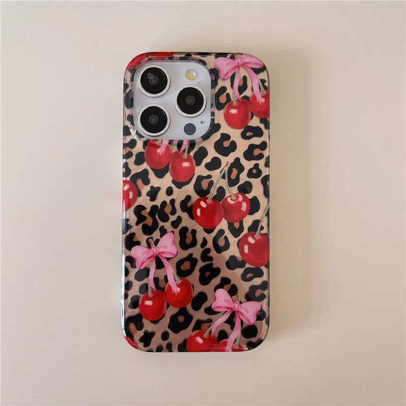 Coquette aesthetic iPhone case with cherry bow detail