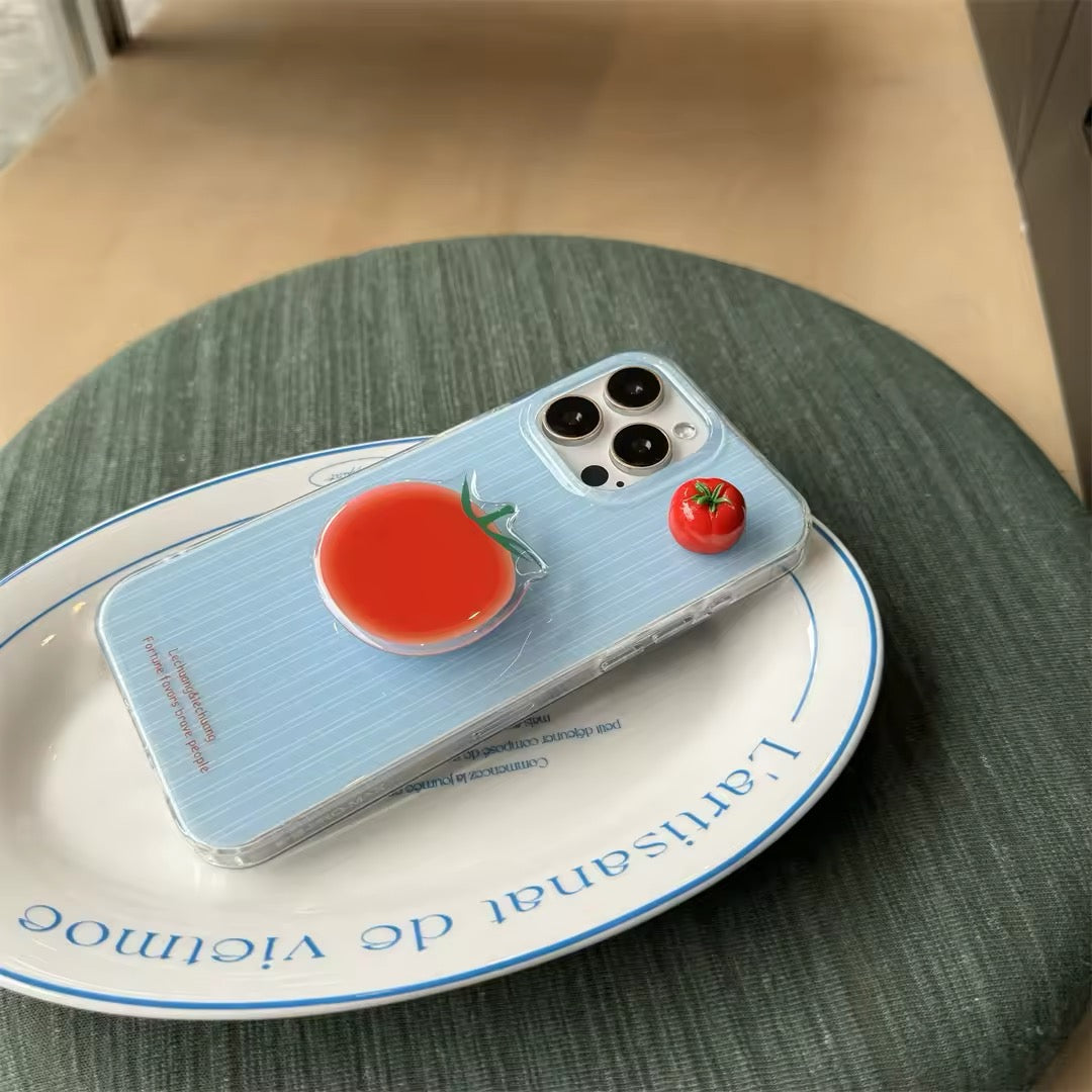 Cute food-themed iPhone case with red tomato and bracket