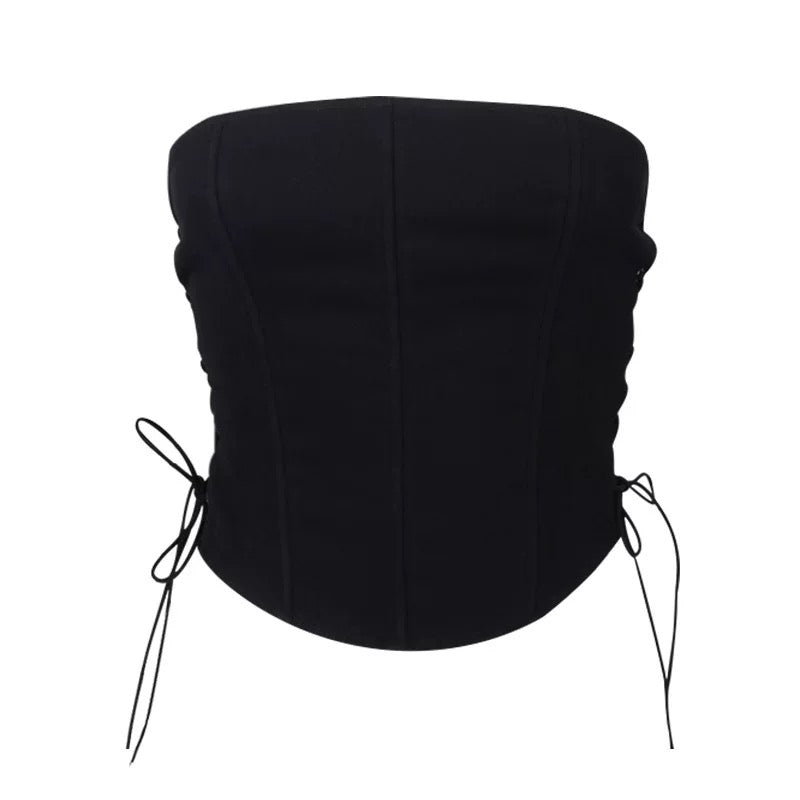 Minimalist black corset crop top with strapless design for summer styling