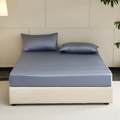 Bed with blue mattress cover and pillows in a minimalistic room.