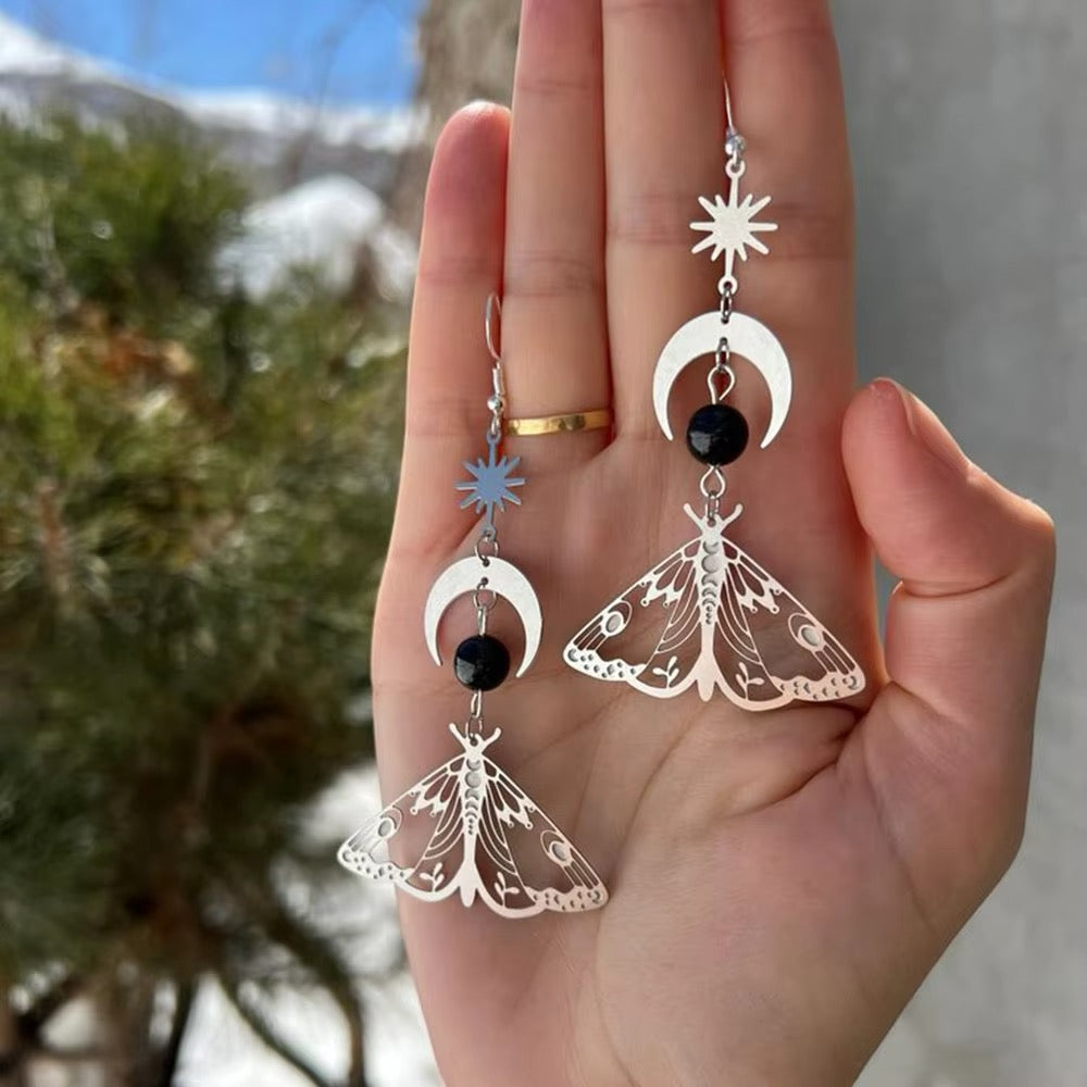 Elegant witchy moth earrings with moon and star in silver copper