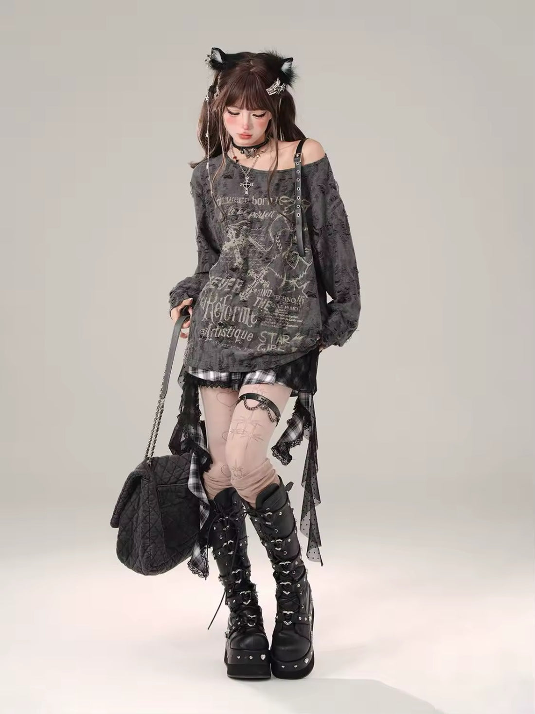 Gothic aesthetic long sleeve tee with buckle strap and hollow out shoulder
