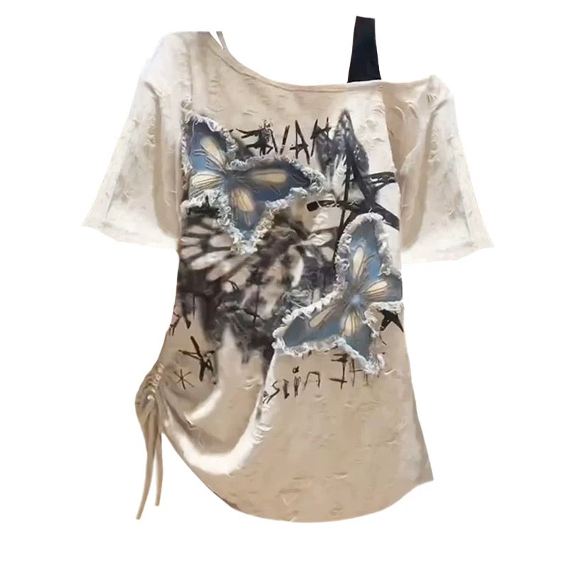 Alt Y2K grunge t-shirt with side drawstring