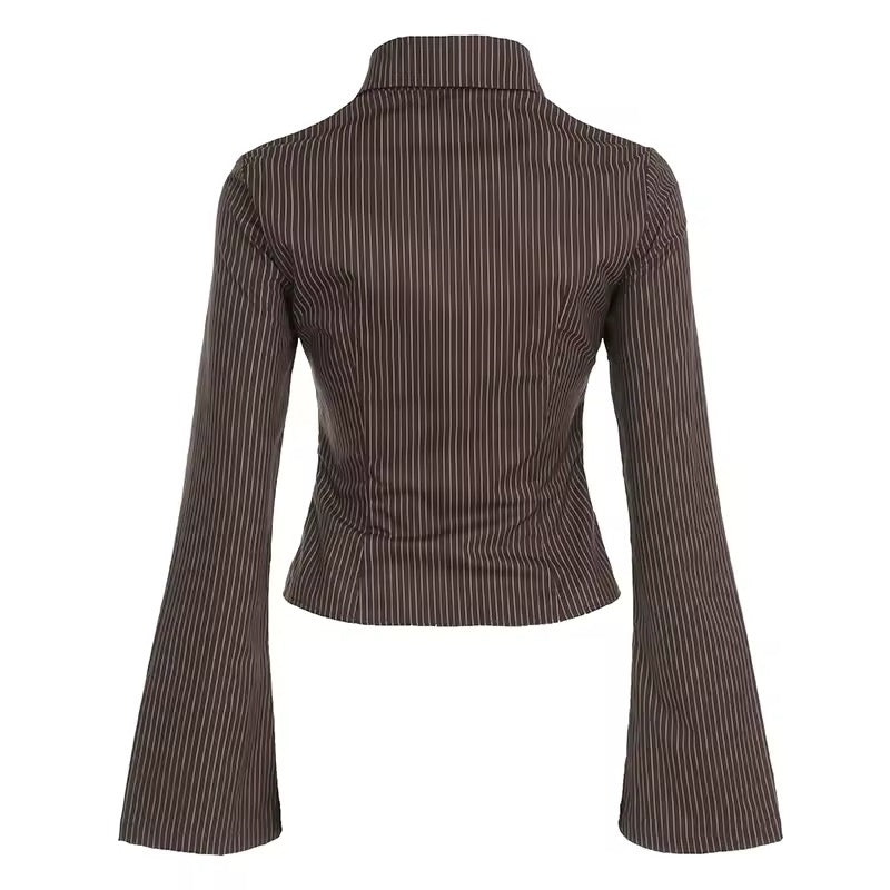 Brown button-up office blouse in a minimalist style