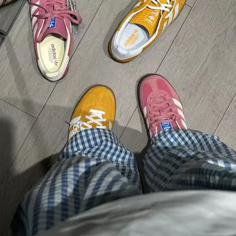 Full-body view of soft girl summer outfit featuring blue plaid wide leg pants