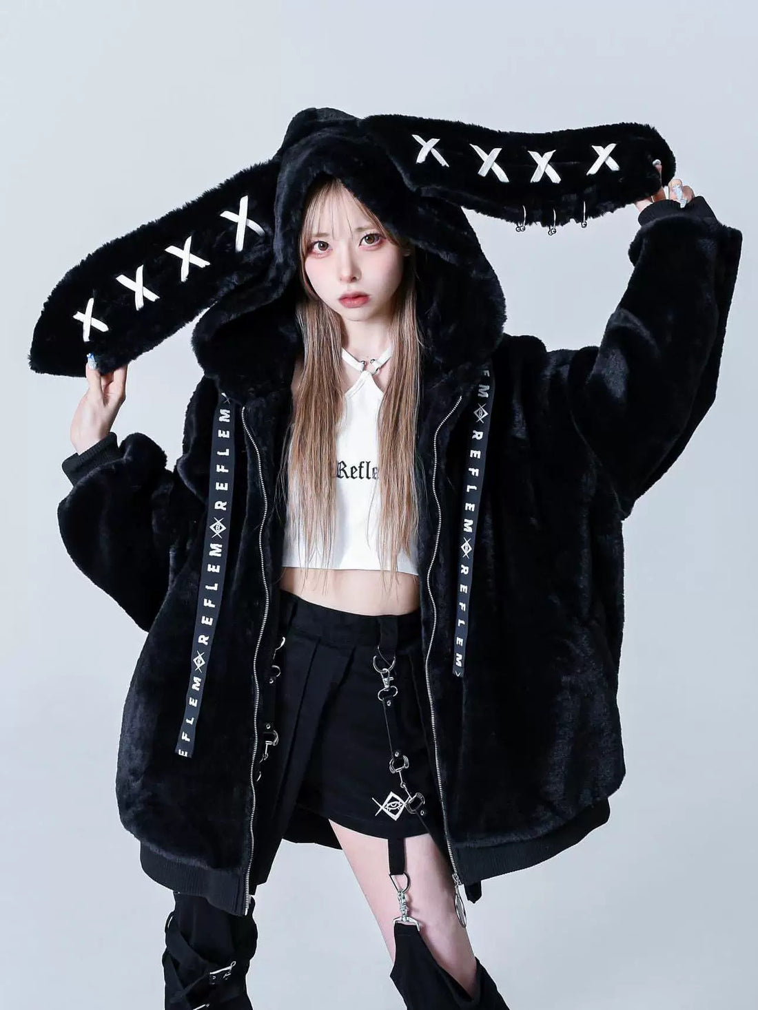 Cute fluffy faux fur hoodie with ears and zipper in punk aesthetic