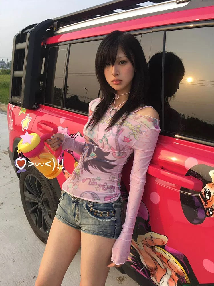 Slim long sleeve kawaii shirt with Japanese print