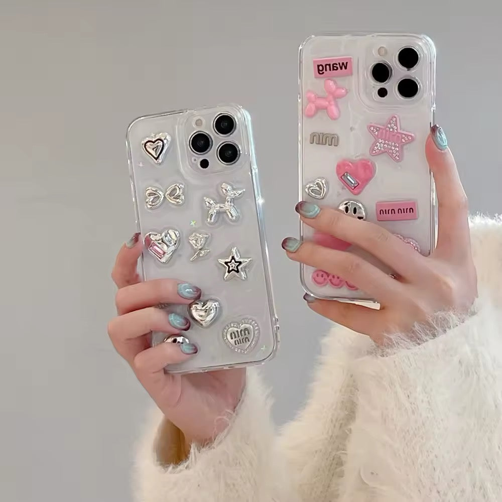 Pink Star iPhone Case with 3D Love Heart & Glitter Epoxy