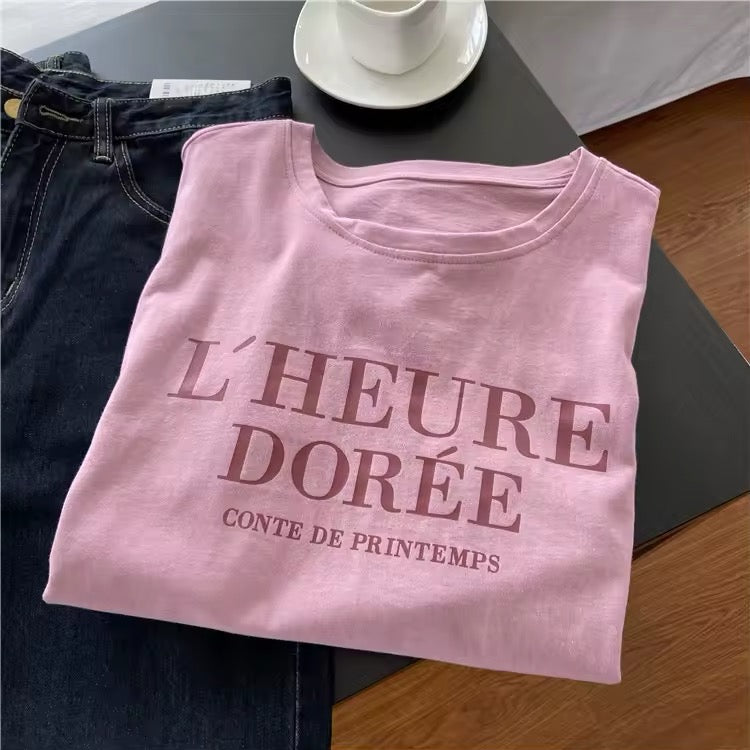 Aesthetic pink cotton t-shirt with French letter print