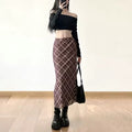 Korean streetwear plaid midi skirt for autumn fashion
