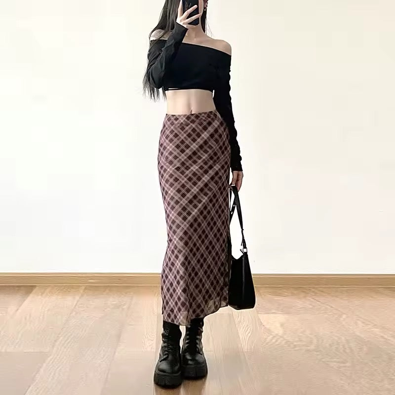 Korean streetwear plaid midi skirt for autumn fashion
