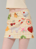 Preppy fruit mini skirt with cute Y2K plaid print in yellow and pink