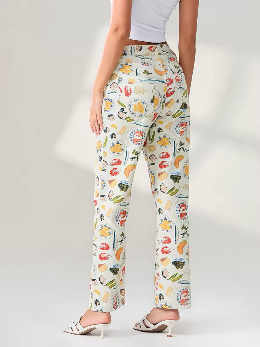 Y2K aesthetic fruit print jeans with strawberries and pasta graphics