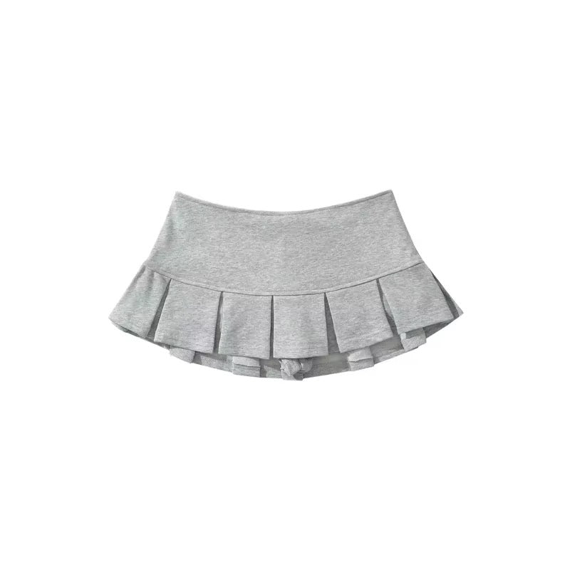Grey Y2K mini skirt with wide pleats and built-in shorts