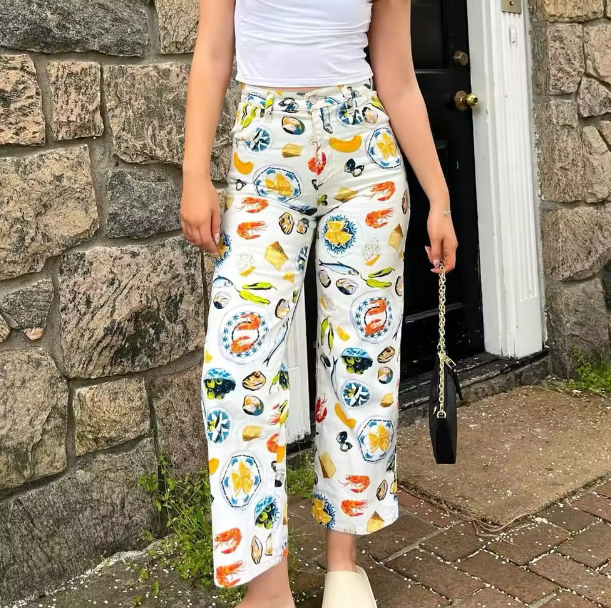 High waist aesthetic jeans with vibrant fruit patterns