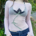 Cozy and aesthetic white sweater with blue flower graphic knit