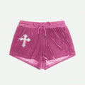 Grunge velvet shorts with cross embellishment and slim fit cut