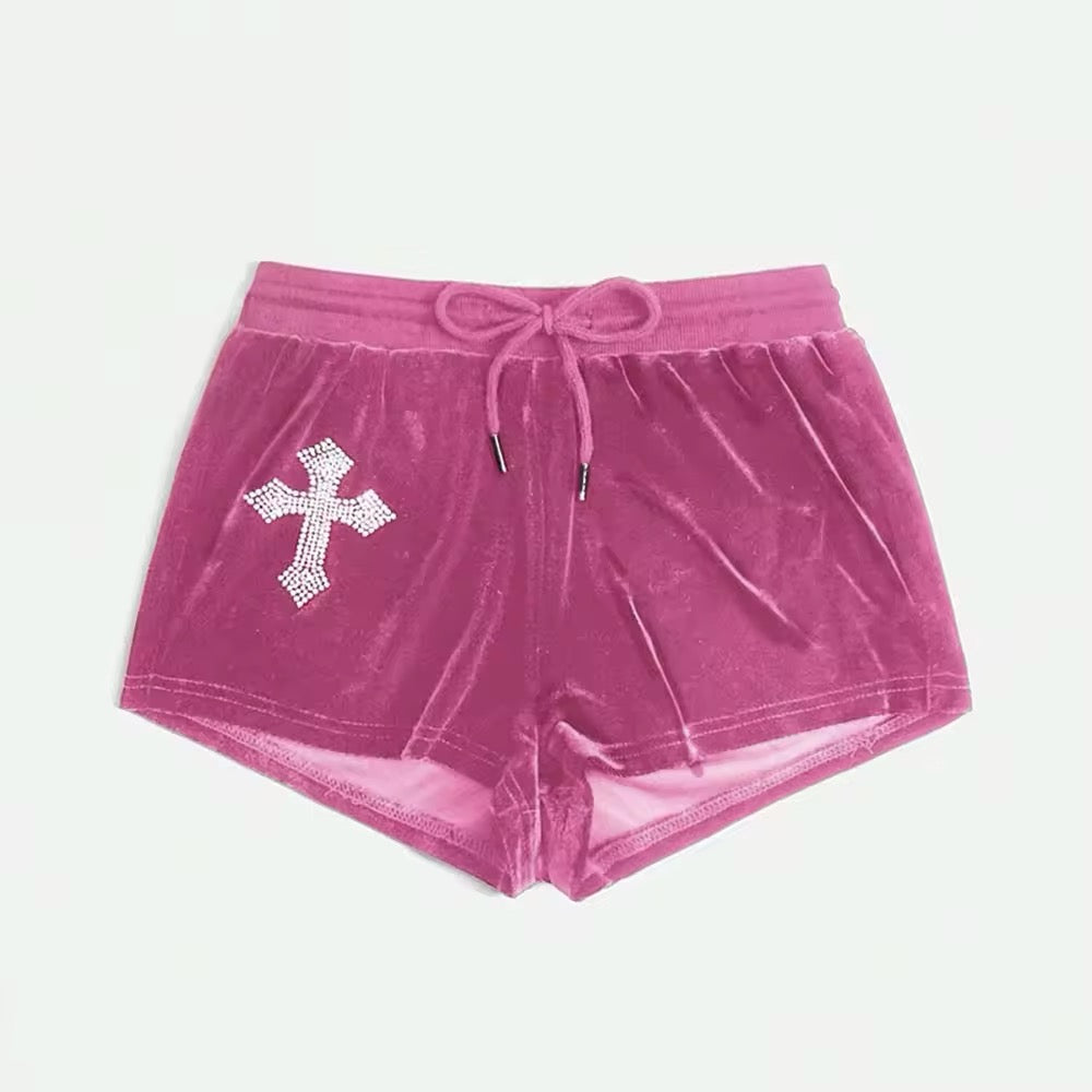 Grunge velvet shorts with cross embellishment and slim fit cut