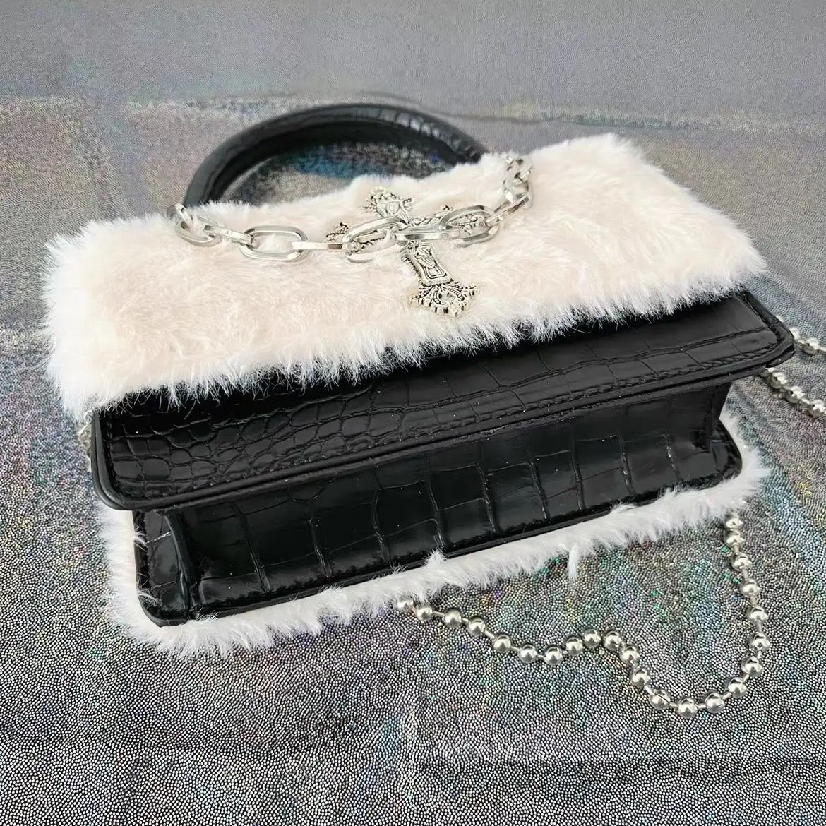 Black plush goth handbag with Y2K chain shoulder strap