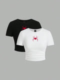 Red Spider Crop Top – Y2K Aesthetic Slim-Fit Women's T-Shirt
