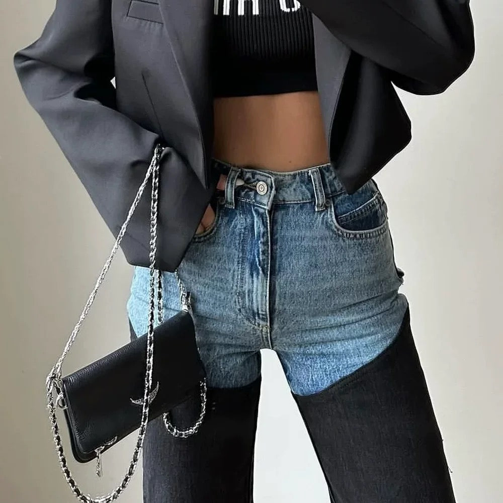 Y2K high waist denim trousers with vintage wash and edgy contrast patches, perfect for 2000s fashion fans and coquette streetwear looks.