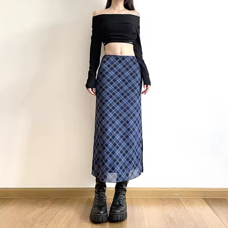 Retro plaid midi skirt with high-waist design and side slit
