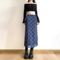 Retro plaid midi skirt with high-waist design and side slit
