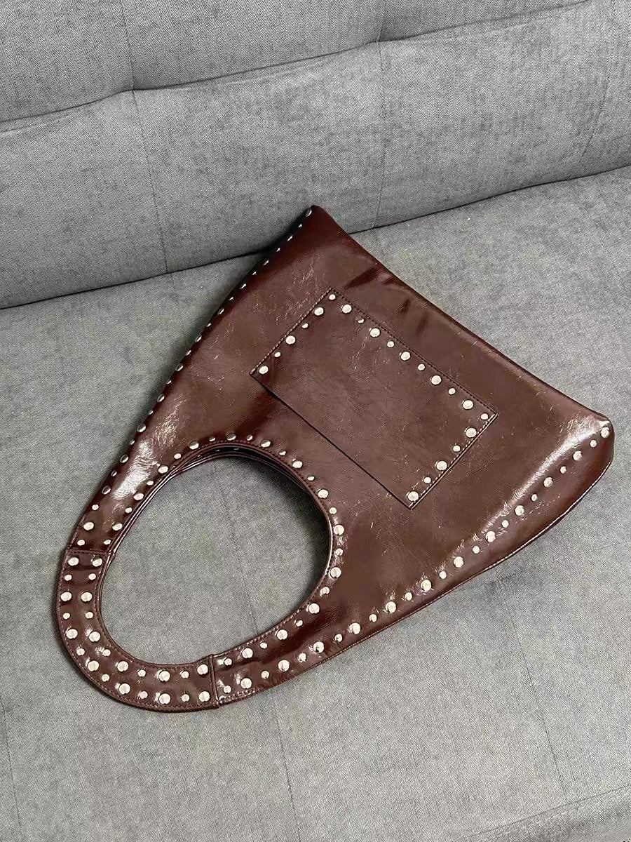 American retro leather handbag with rivets and oil wax finish