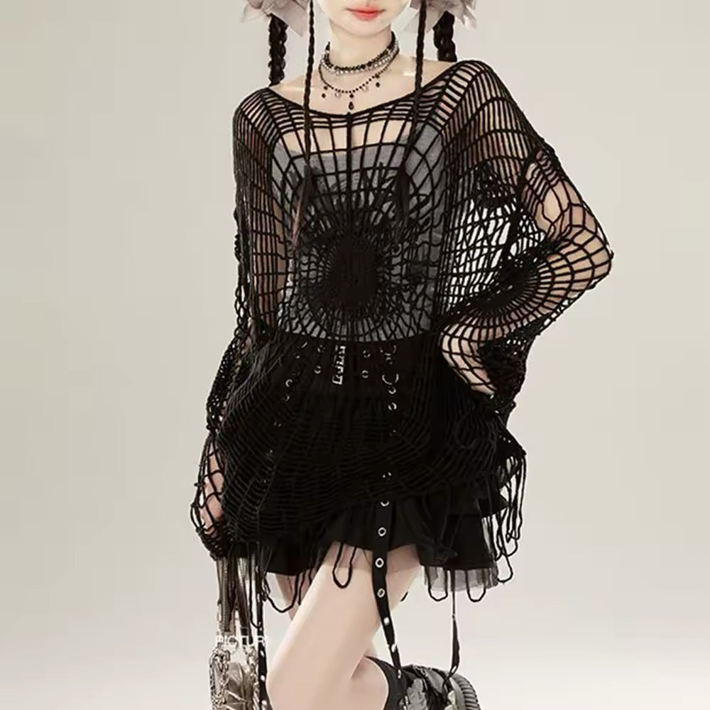 Ripped mesh spider hoodie in black, unisex Y2K fashion piece with hollow design perfect for layering over bold base outfits